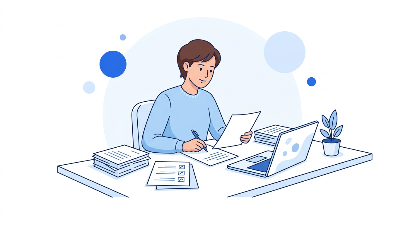 איור של אדם צעיר סוקר מסמכים בצורה מסודרת ורגועה